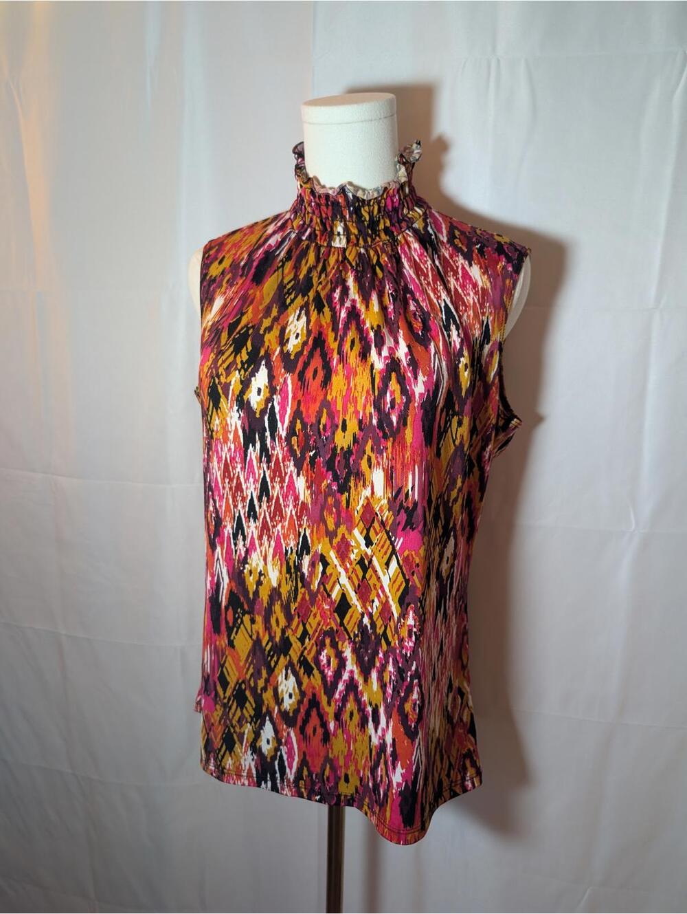 Serenade New York Sleeveless Patterned Top with Ruffled Neck, Size Large
